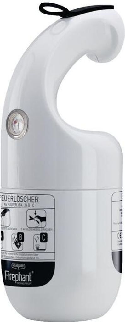 Pulverfeuerlöscher Firephant 1 kg weiß Brandklasse A 8A 34B C mit Manometer, mit Halter