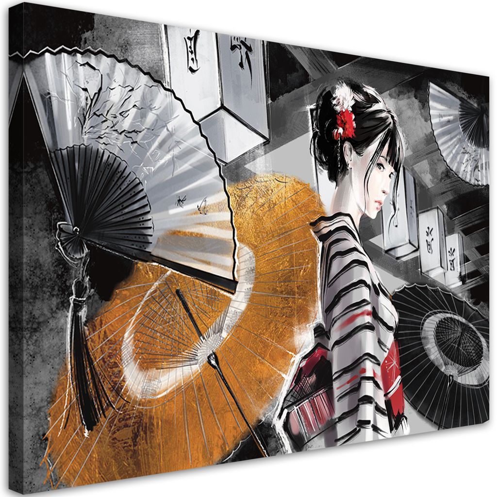 Leinwandbild geisha mit fächer 60x40 cm Feeby grau wandbild bereit zum aufhängen
