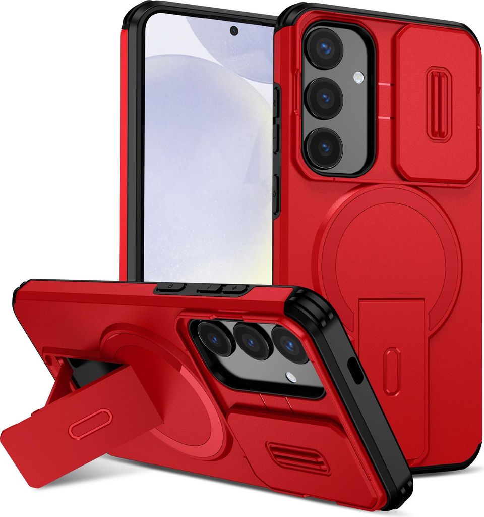 Magnetisch Hülle für Samsung Galaxy S25+/S24+, Dual Layer Stoßfest Handyhülle mit Dia Kameraschutz, Verstellbarem Ständer Rot