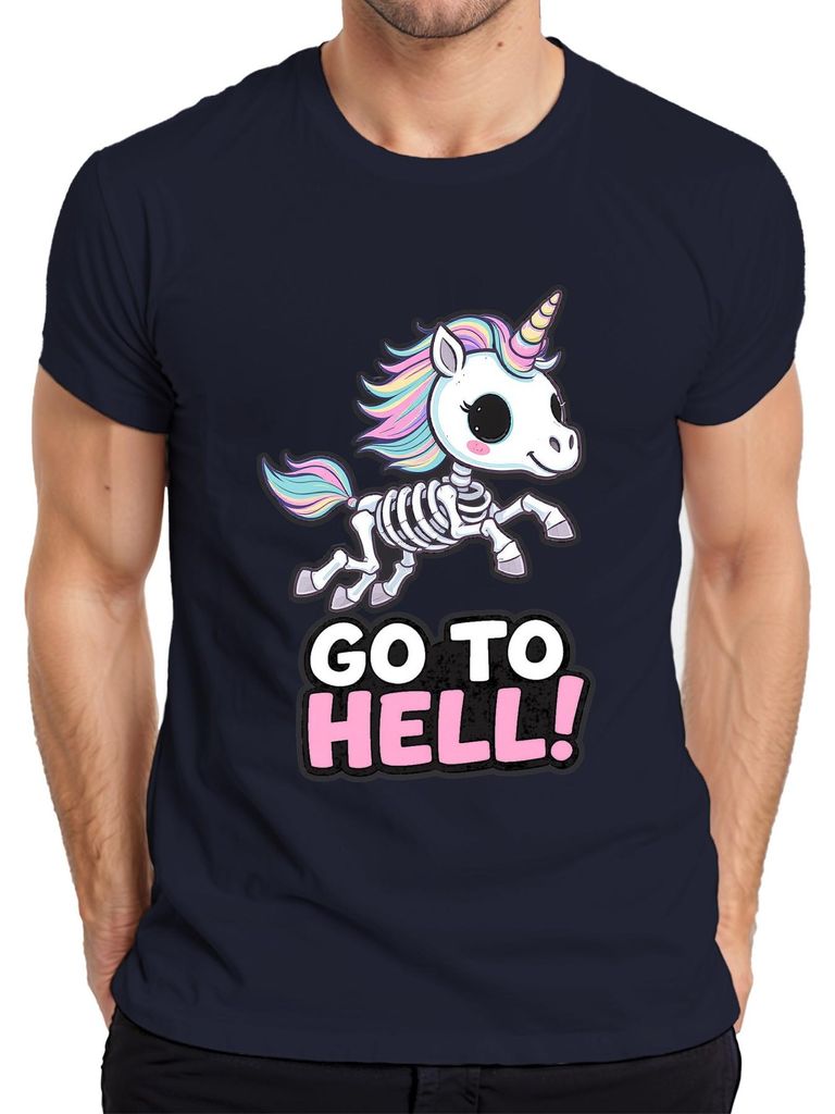 Skelett Einhorn Go To Hell Pastell Regenbogenmähne Gothic Herren T-Shirt, Navy, XXL
