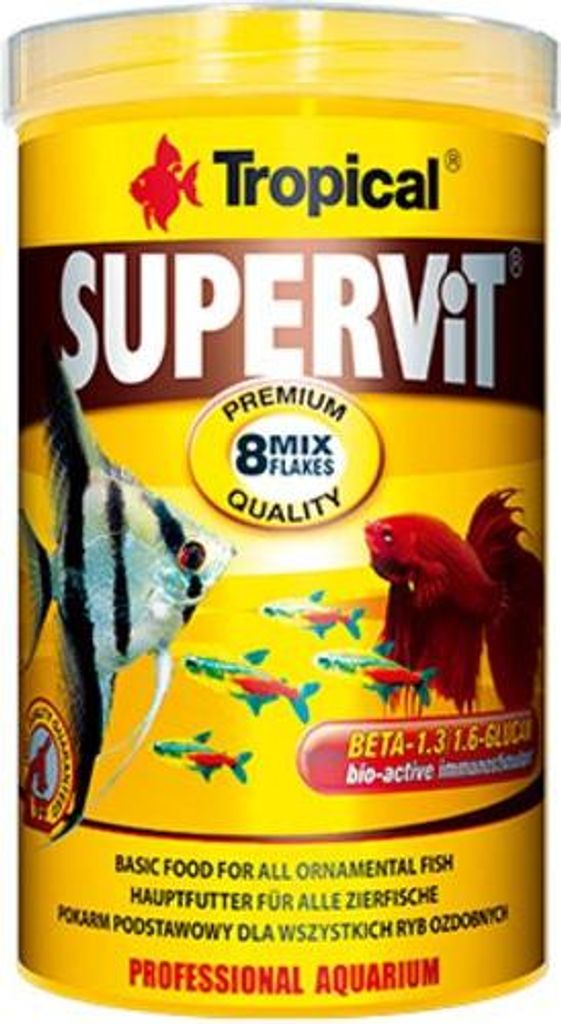 A product shot of a yellow tub of fish food with images of fish on it.
