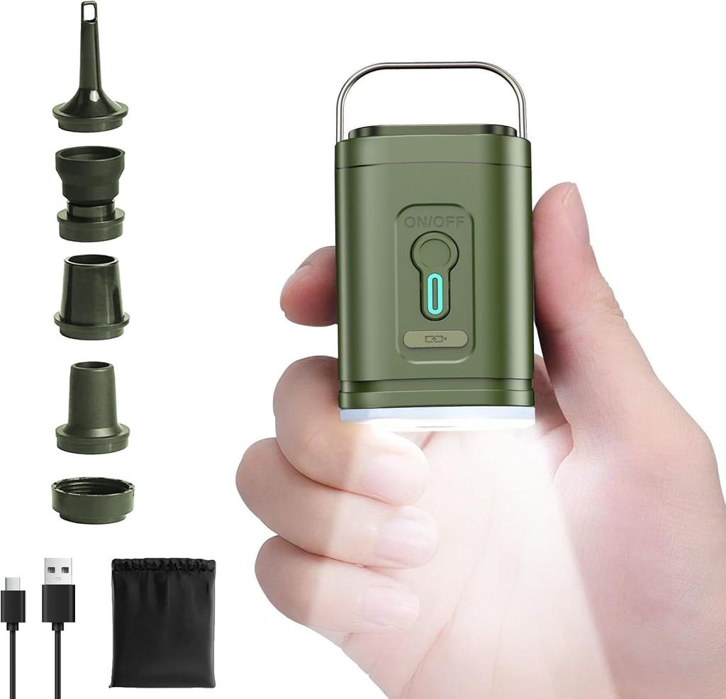 Camping Luftpumpe Akku 480L/min, elektrische Mini Pumpe mit LED Lampe 3 Stufen, USB-C wiederaufladbar, für Luftmatratze Pool Zelt & Outdoor