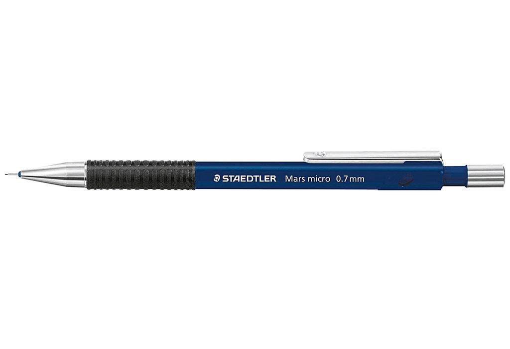 A blue mechanical pencil with a black grip and silver accents, presented on a white background.