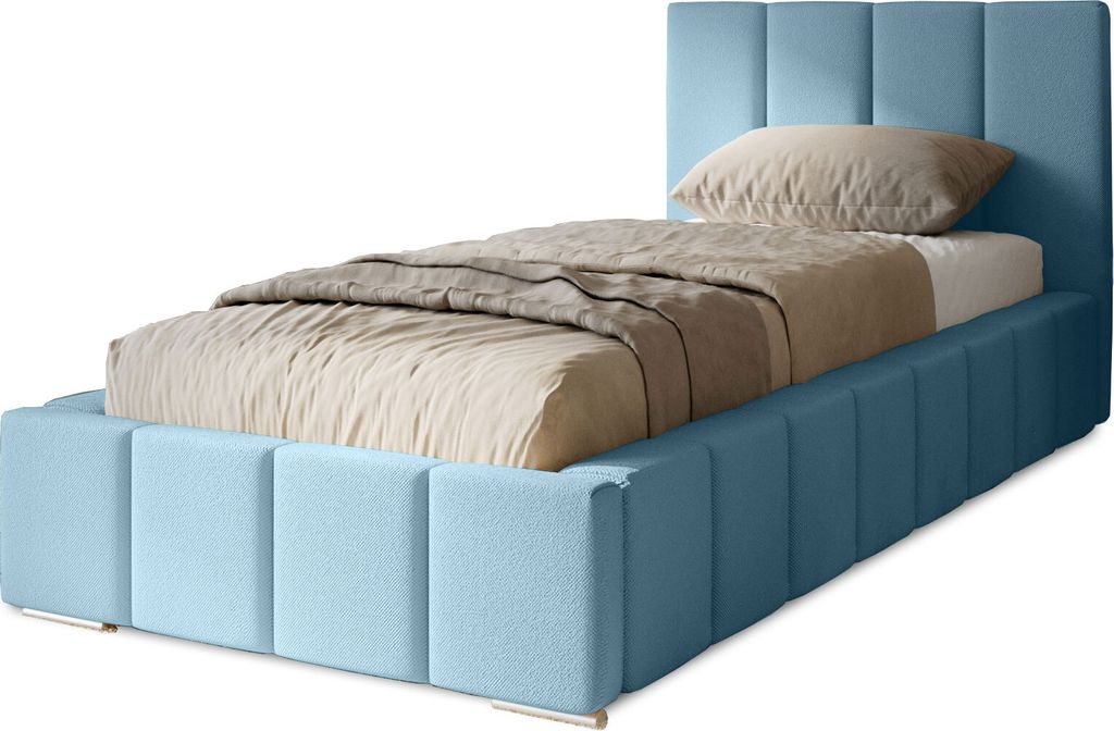 Polsterbett Menos 90x200 cm, Bett mit Kopfteil, Bettkasten und Lattenrost aus Holz, Velourstoff: Hellblau