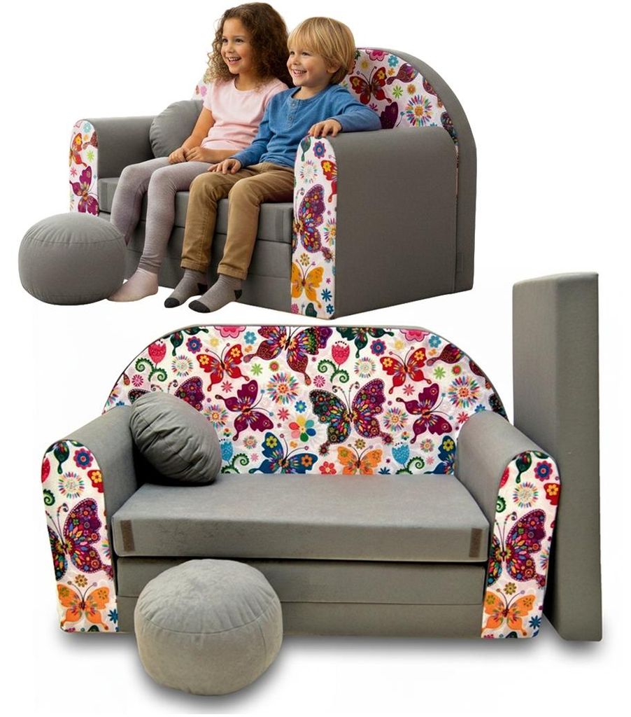 TUPPI Kindersofa Kinder Couch mit Schlaffunktion ausklappbar, 168x98cm, Set mit Kissen und Fußstütze, Spielsofa, Bettfunktion - Mädchen Jungen, ...