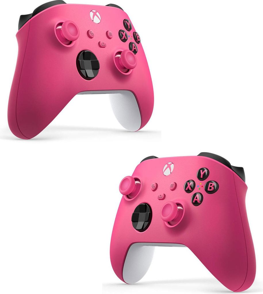 Two pink Xbox wireless controllers are shown against a white background.