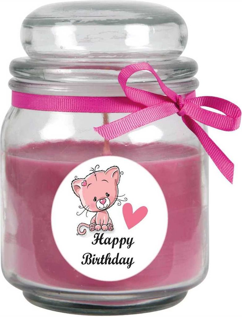 Duftkerze im Bonbonglas "Happy Birthday", Duft: Lavendel ( Lila ), 300g - Brenndauer bis zu 70 Stunden