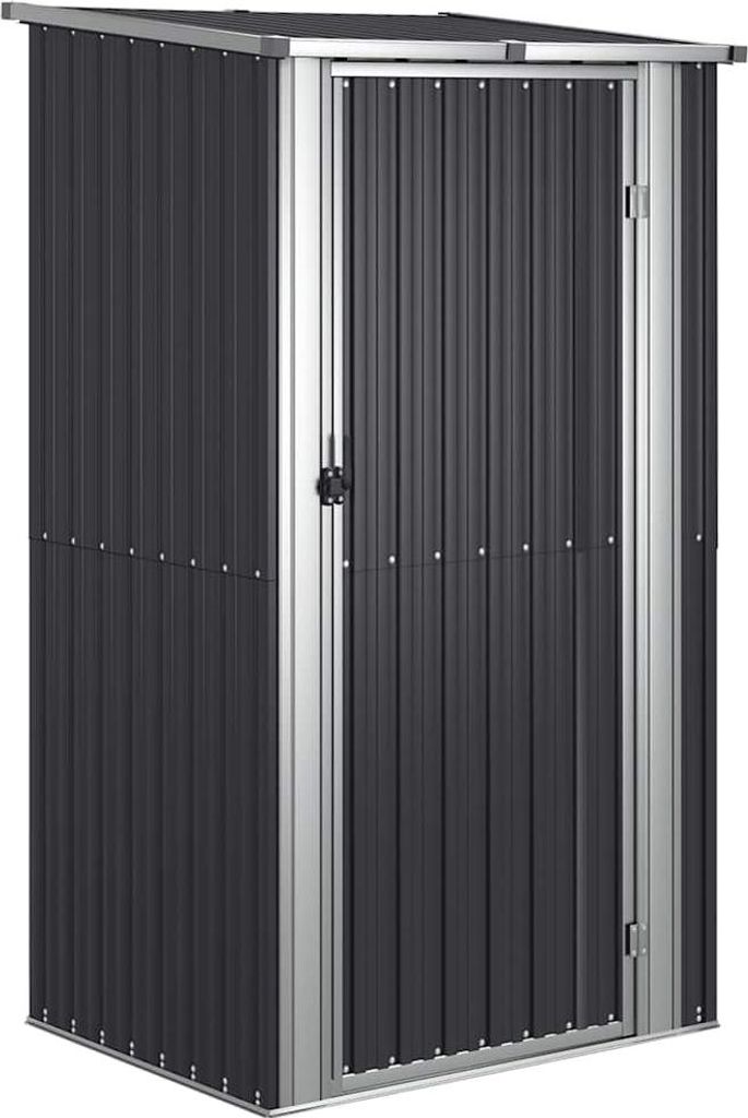 A dark grey metal shed with silver trim and a silver door.