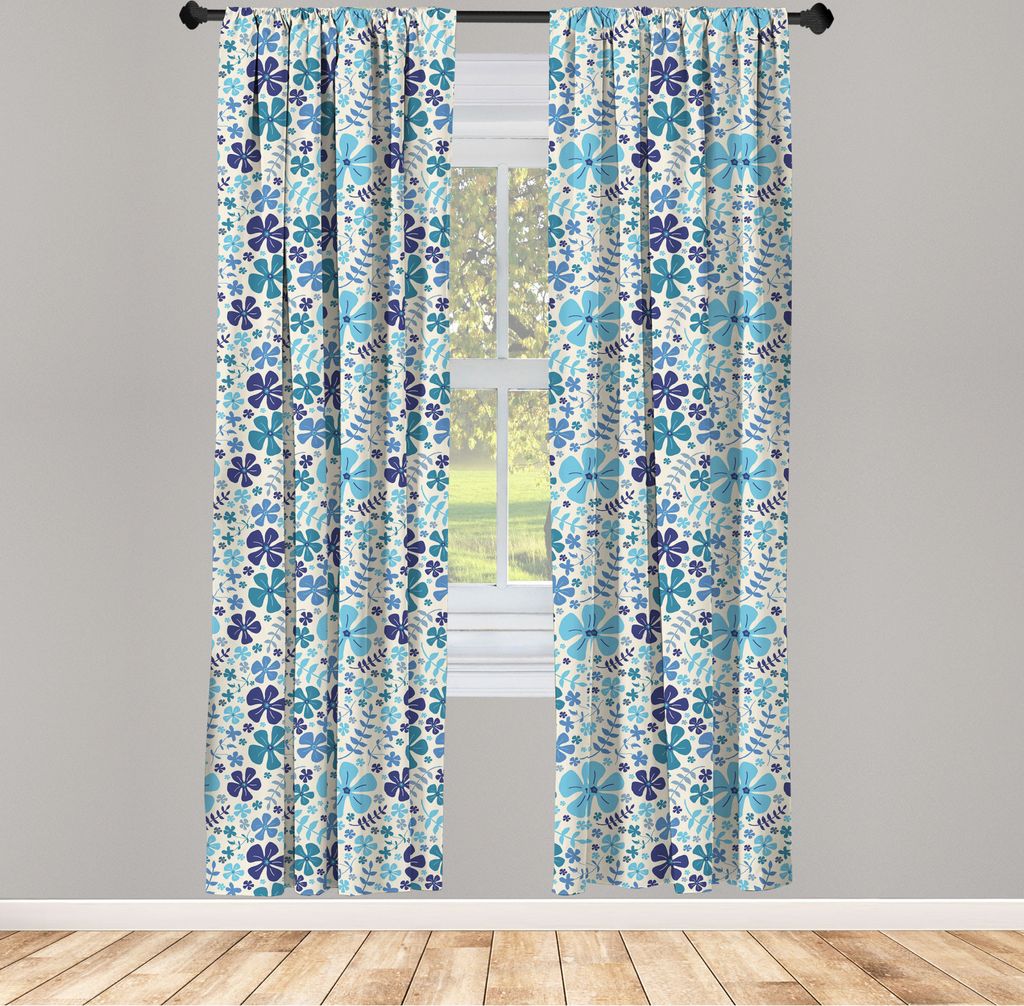 ABAKUHAUS Blumen Vorhänge, Gardinen, Botanischer Themed Natürliche Motive Bläulich Blumen und Zweige auf einem einfachen Hintergrund, 2 Stück 7...