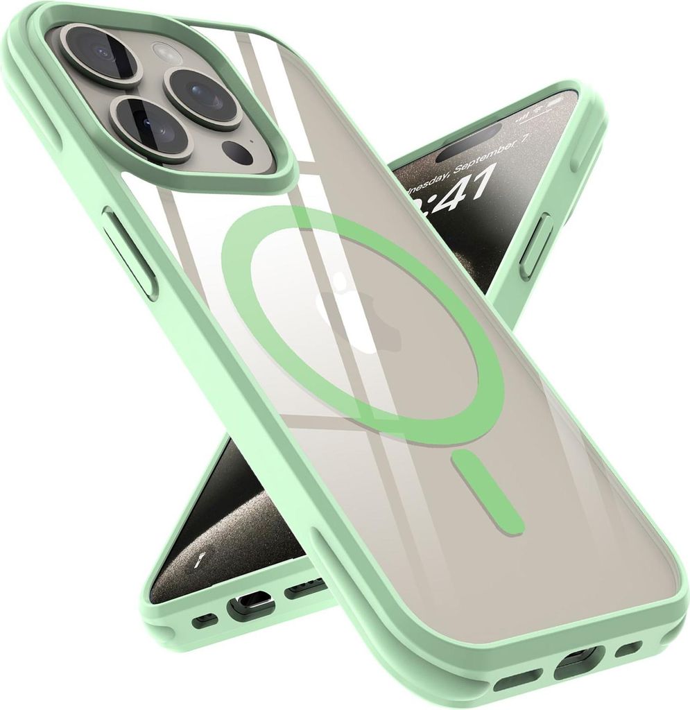 Hülle für Apple iPhone 15 PRO Schutzhülle in HELLGRÜN MagSafe kompatibles Case Cover Etui mit Transparenter Rückseite