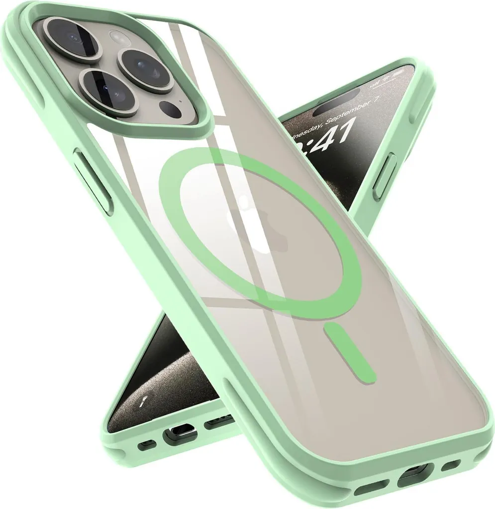 Custodia per Apple iPhone 15 PRO MAX protettiva in VERDE CHIARO Custodia compatibile MagSafe con retro trasparente