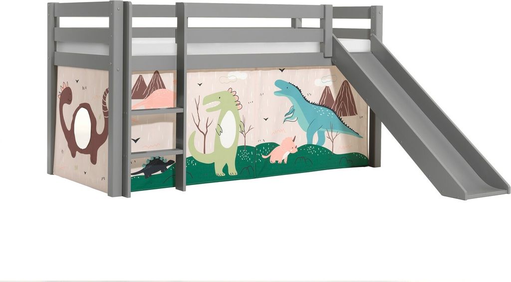 Halbhohes Bett Pino mit Rutsche und Textilset Dino Kiefer Grau