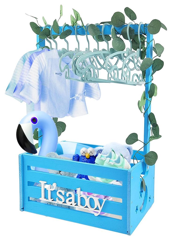 Babygeschenkkorb aus Holz mit Griff, Kinderkleiderbügeln und Girlande, Babyparty-Box mit Kleiderschrank, Babykorb für werdende Eltern mit Girland...