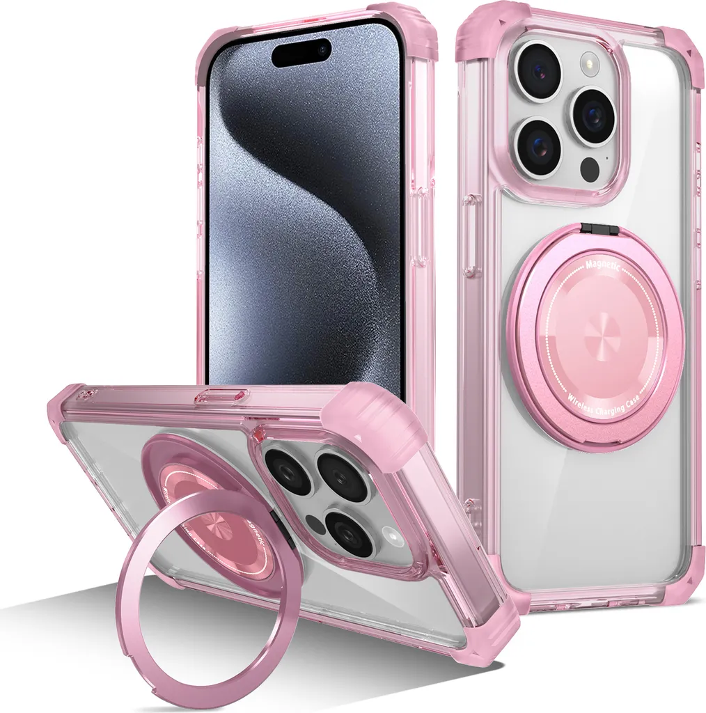 Custodia per iPhone 14 Pro Supporto ad anello magnetico, supporto, compatibile con MagSafe, protezione militare, custodia trasparente rosa