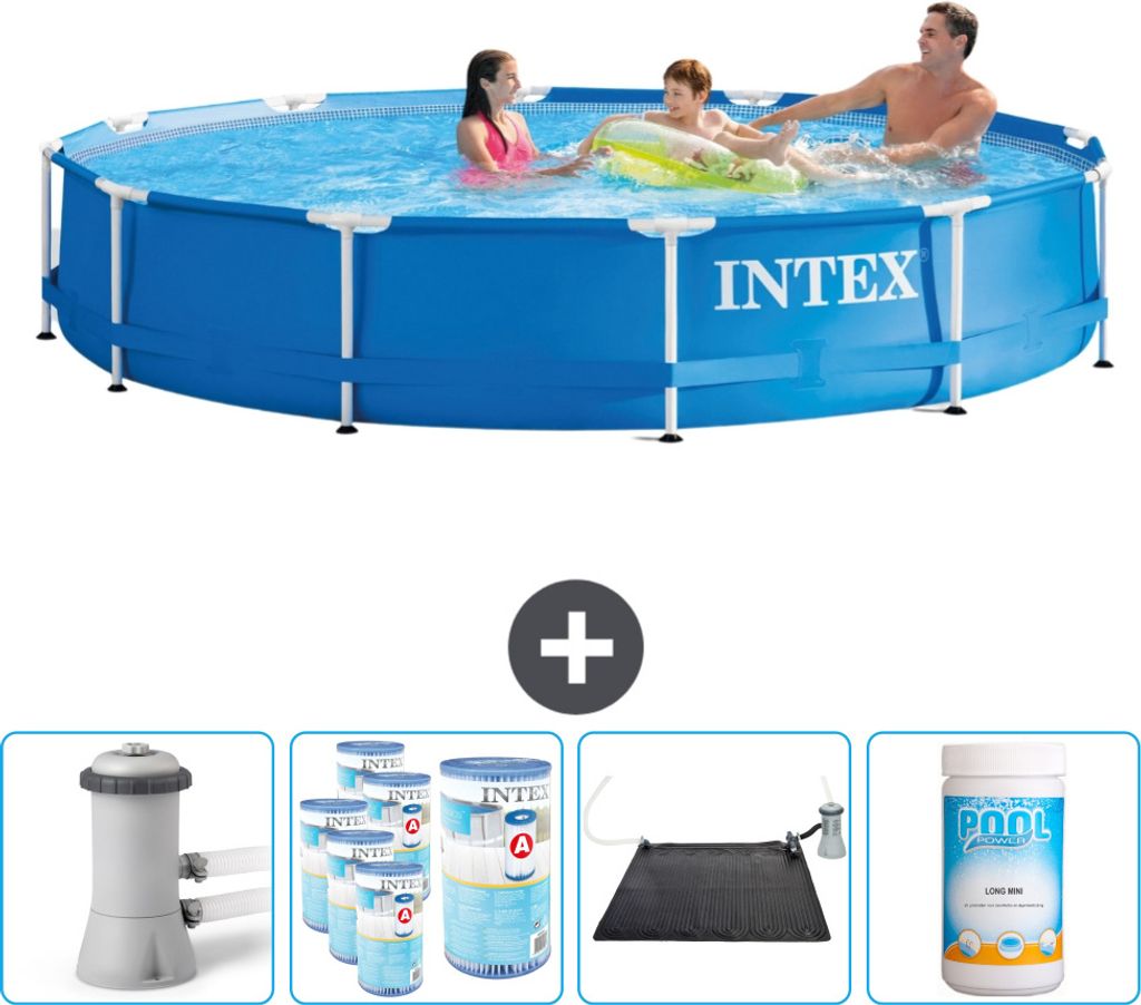 Intex Rundrahmen-Schwimmbecken – 366 x 76 cm – Blau – inklusive Pumpe Filter - Solarmatte - Chlor