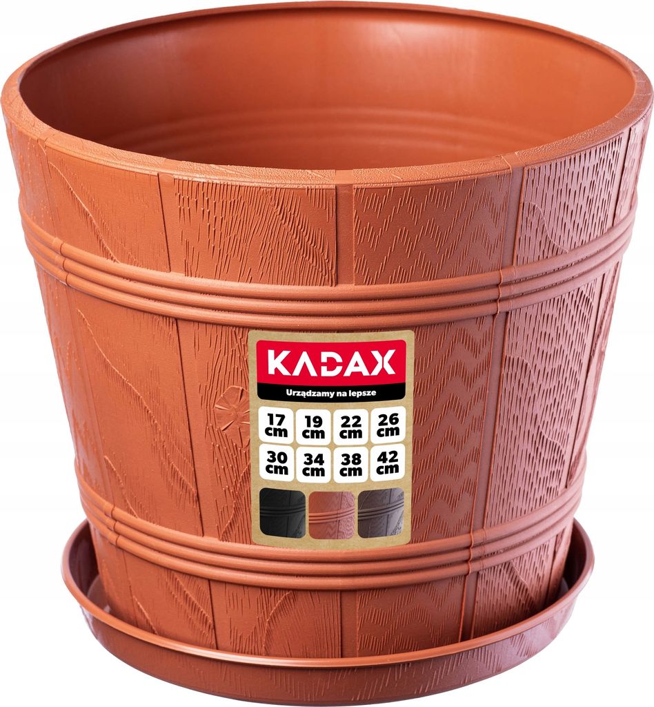 KADAX Blumentopf mit Untersetzer "Pula", Blumenkübel aus Kunststoff, Terrakotta, Holzoptik, 34 cm