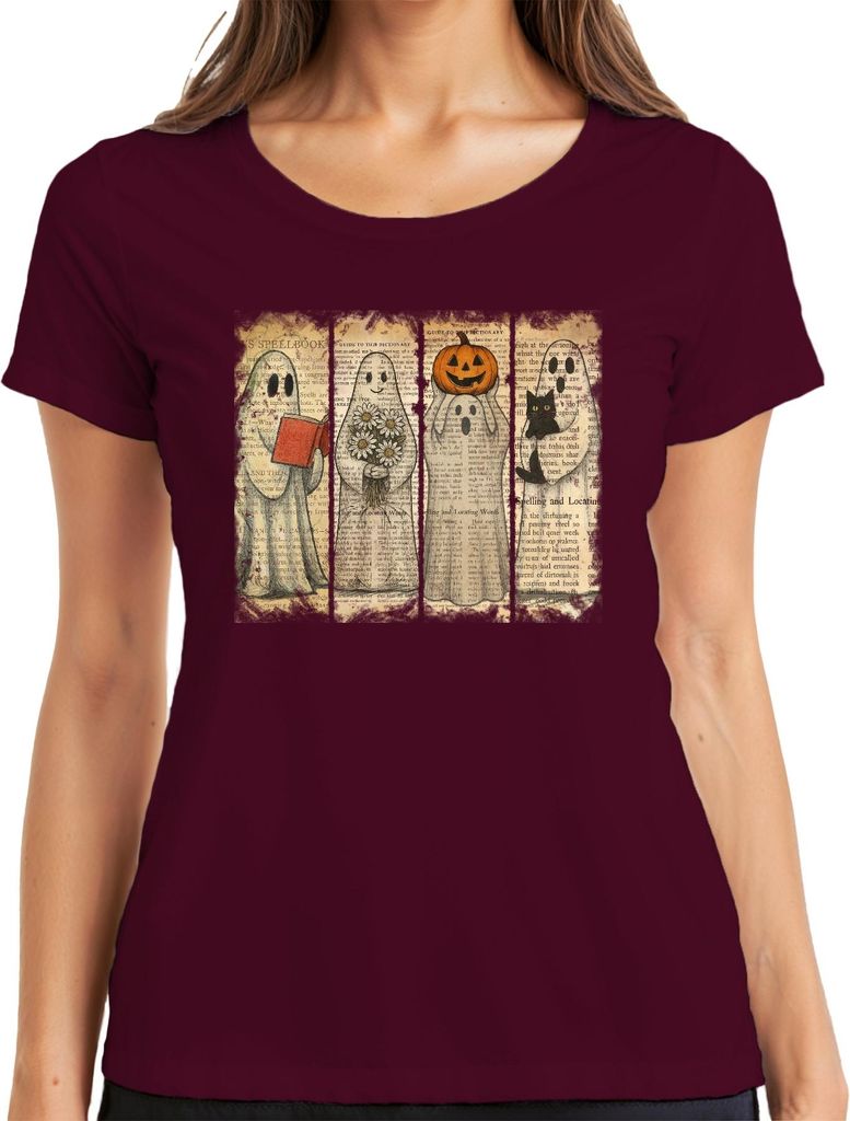 Halloween Geister Vintage Zeitung niedliche Kürbis Katze Blumen Damen T-Shirt, Burgundy, L