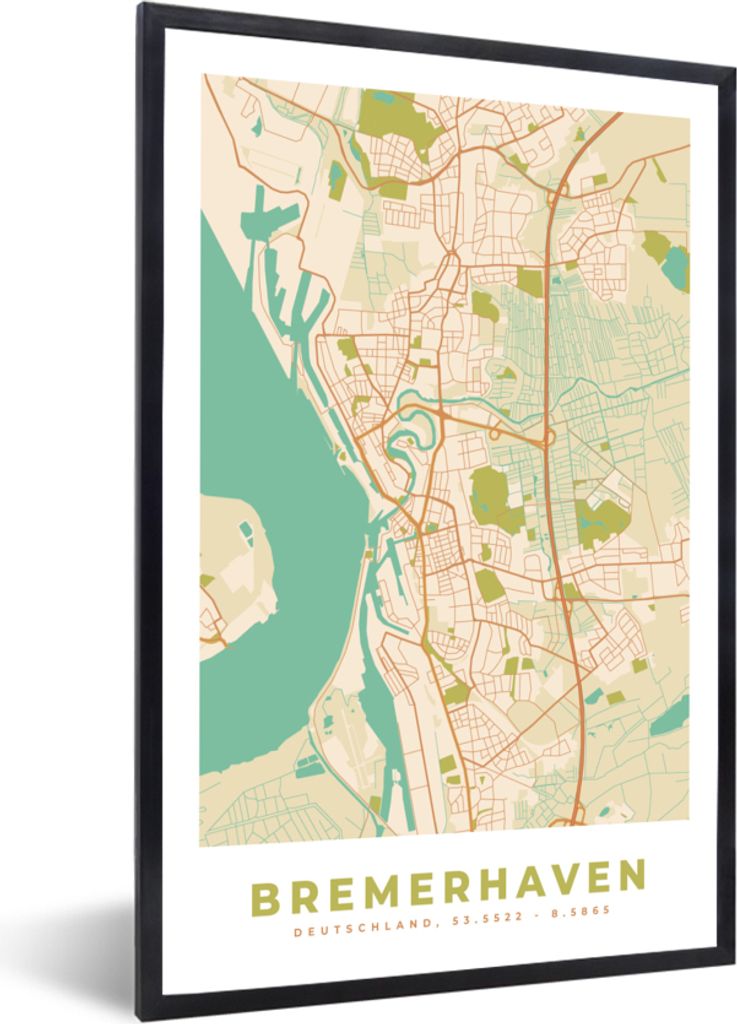 MuchoWow Gerahmtes Poster Bremerhaven - Karte - Vintage - Stadtplan 40x60 cm - Poster mit Schwarzem Bilderrahmen Wandposter Rahmen Foto Bilder - ...