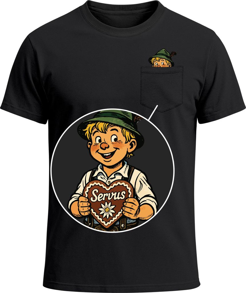 Herren T-Shirt mit Brusttasche Lausbua Lebkuchen Herz Servus Lederhosn in da Wäsch Ersatz Tracht Trachtenlook für das Bier Fun-Shirt Moonworks