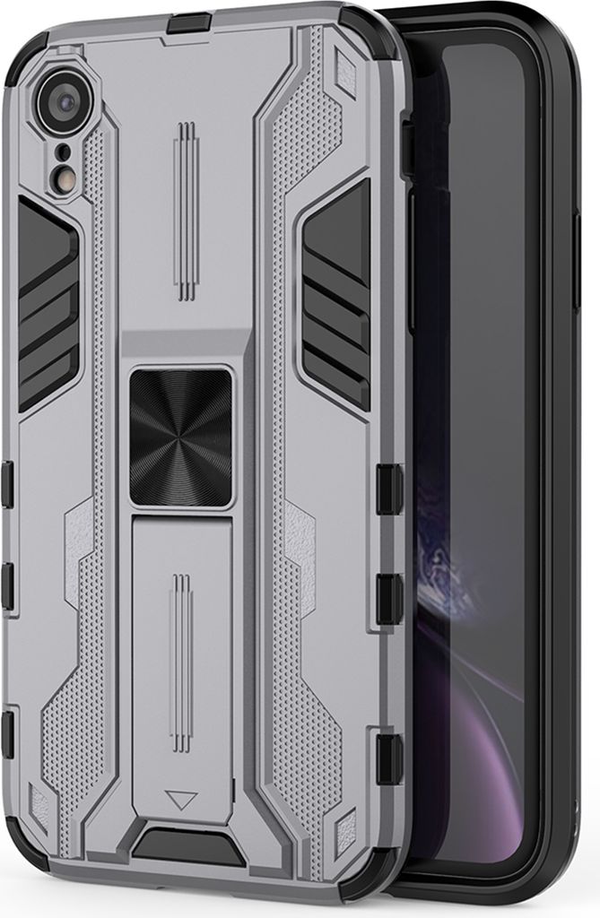 iPhone XR Hülle, Dual Layer PC TPU Bumper Stoßfest Ständer Schutzhülle für iPhone XR Grau