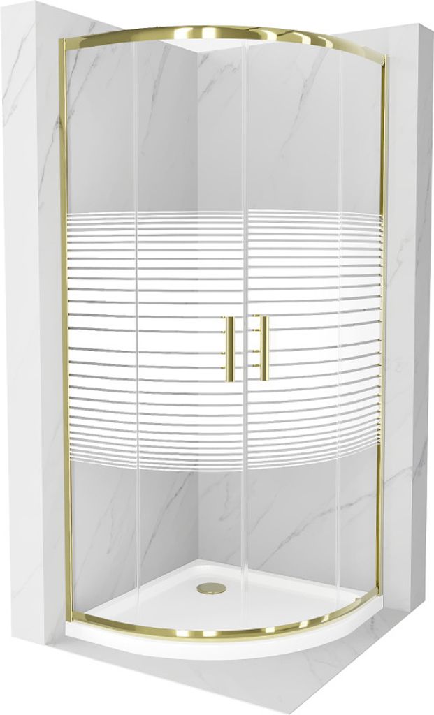 A modern shower cabin with a gold frame and a striped glass pattern, set against a marble-tiled background.