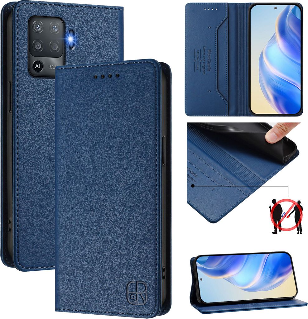 Lederhülle für Oppo F19 Pro/Reno5 F Hülle Flip Brieftasche Kartenfächern Ständer Schutzhülle Blau
