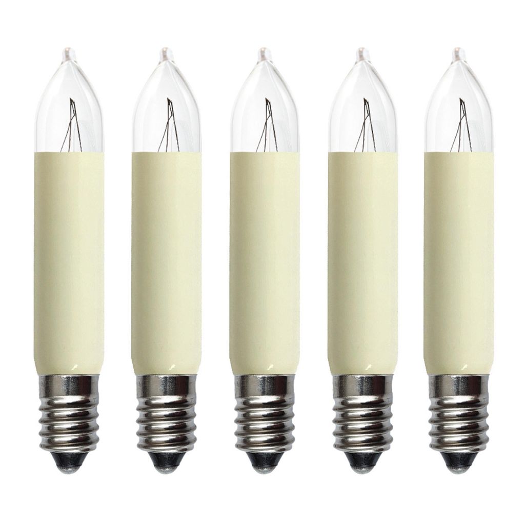Five candle-shaped light bulbs with cream-colored bases and clear glass tops, arranged in a row against a white background.