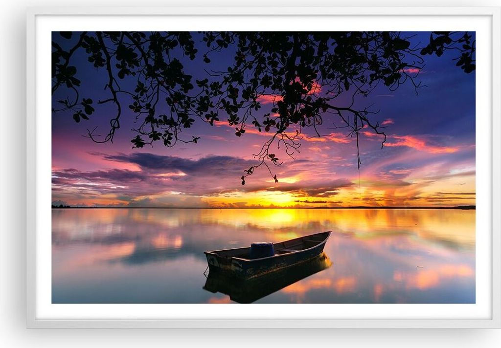 Gerahmtes Poster - Weißer Rahmen - Boot Sonnenuntergang See Himmel - 91,5x61 cm - Wand Bild - Wanddeko - Wandbilder - Wandposter - Bilderrahmen - ...