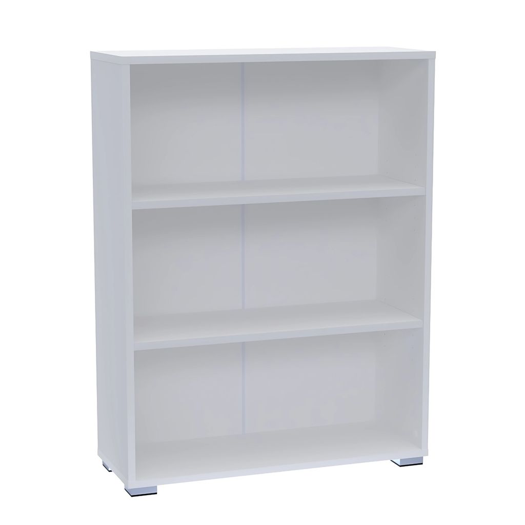 A white, three-shelf bookcase shown from the front.