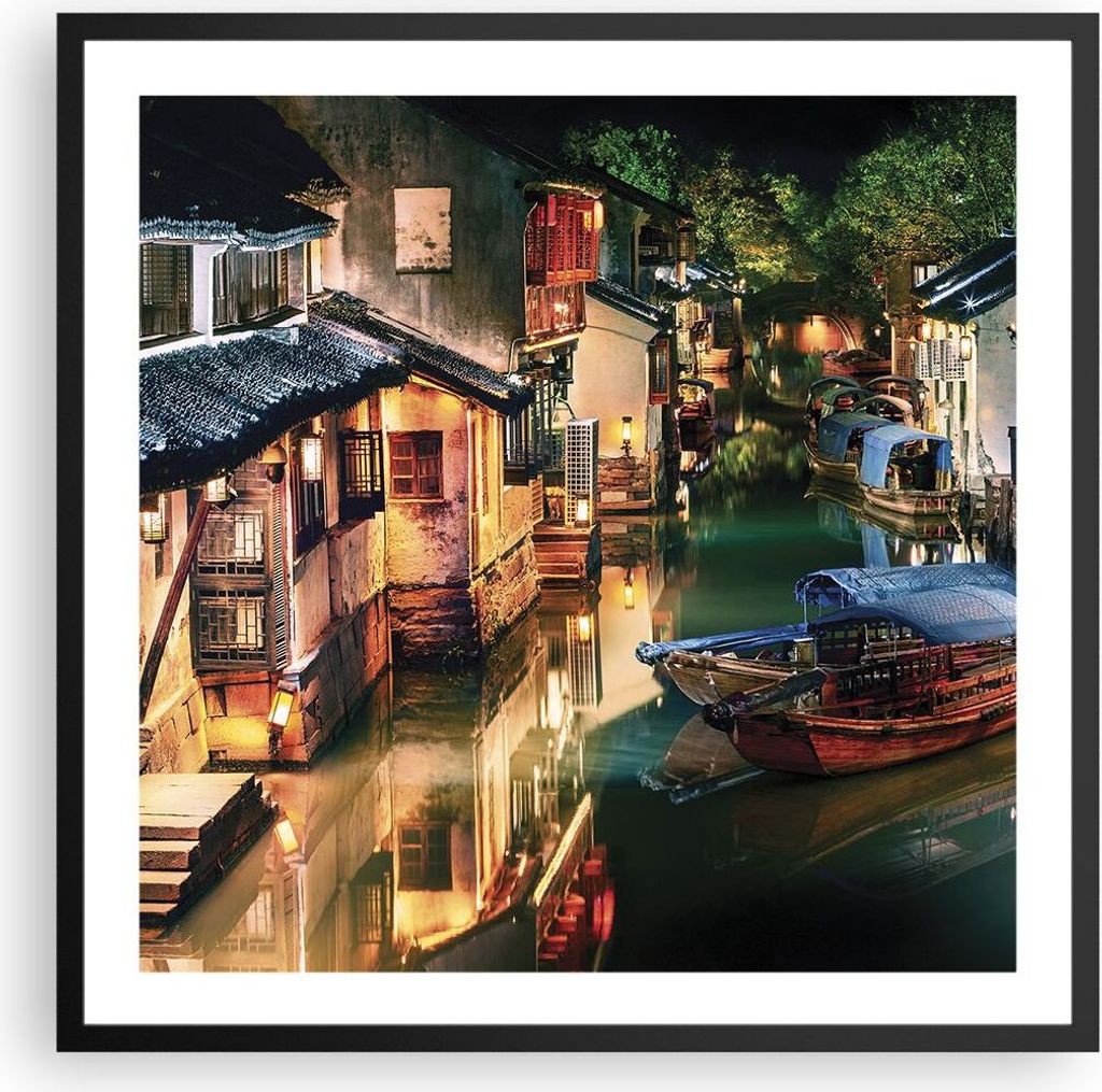 Gerahmtes Poster - Schwarzer Rahmen - Chinesisch Stadt Nacht - 60x60 cm - Wand Bild - Wanddeko - Wandbilder - Kunstposter - Wandposter - Bilderrahm...