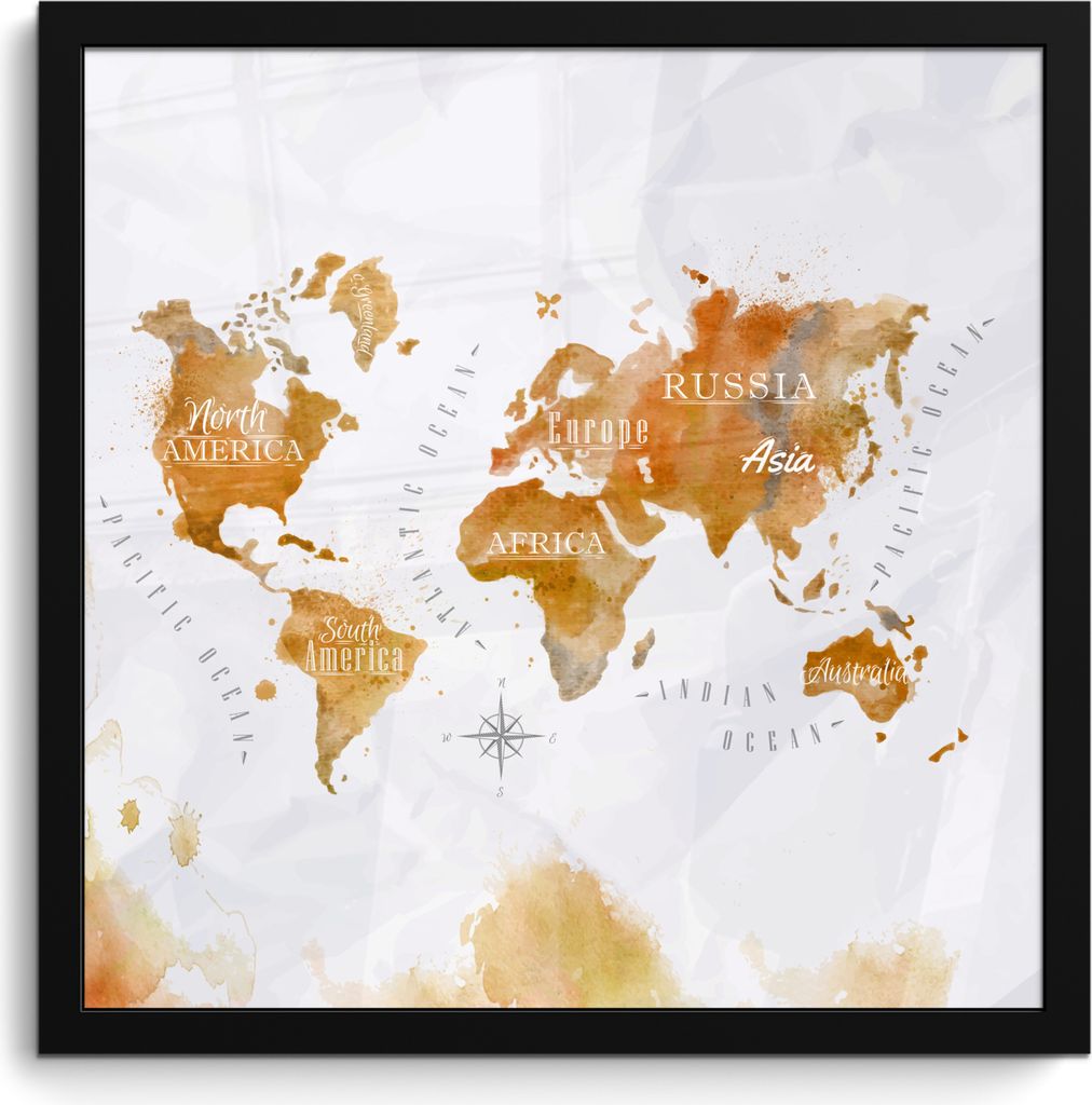 MuchoWow MuchoWow Gerahmtes Poster Aquarell - Weltkarten - Gold 40x40 cm - Poster mit zchwarzem Bilderrahmen - Mit Rahmen - Wanddekoration Schl...