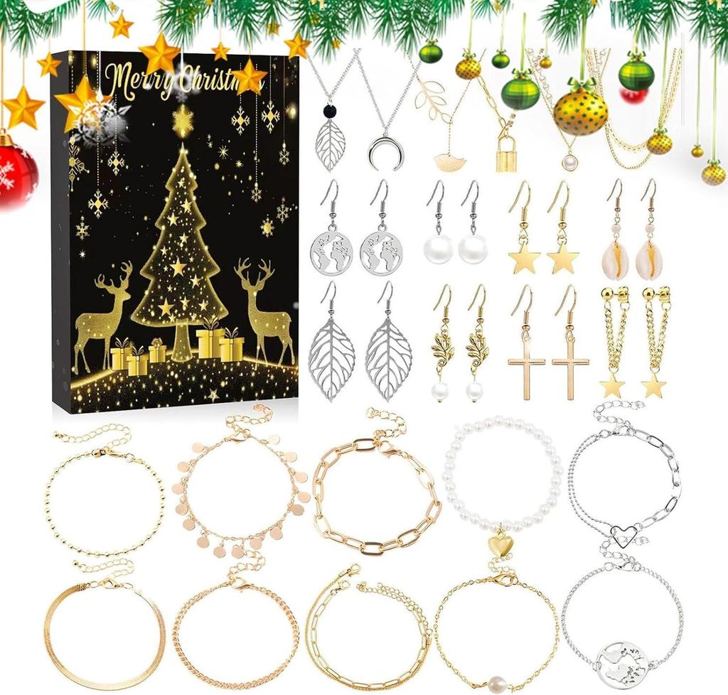 Schmuck Adventskalender 2025 für Frauen & Mädchen, 24 Tage Weihnachten Countdown mit Halskette, Armband, Ohrringe, festliches Geschenk Teenager