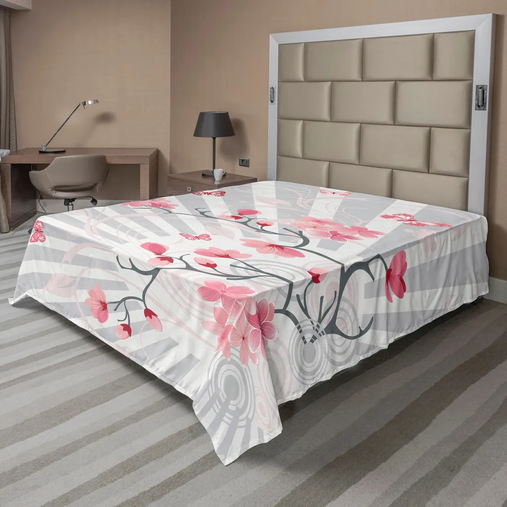 Drap de Dessus Décoratif à Motifs Floraux et Papillons 275x260 cm Rose