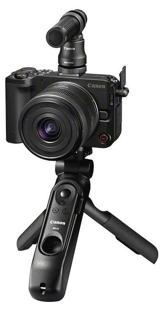 A black Canon camera with a lens and microphone attached, mounted on a black tripod grip.