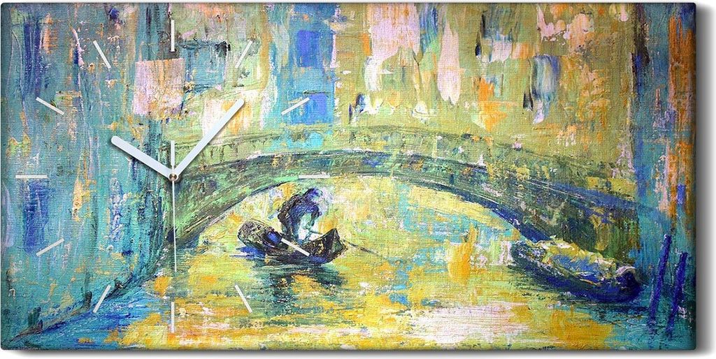 Wandbild Leinwand Bilder mit Uhr 60x30 Venezianischer Kanal Boot und Brücke - weiße Hände
