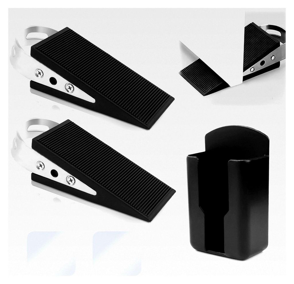 Gummi Türkeil Türstopper für den Boden Rutschfeste Türstopper in Keilform mit Edelstahlgriff Schwarz 2 Stück