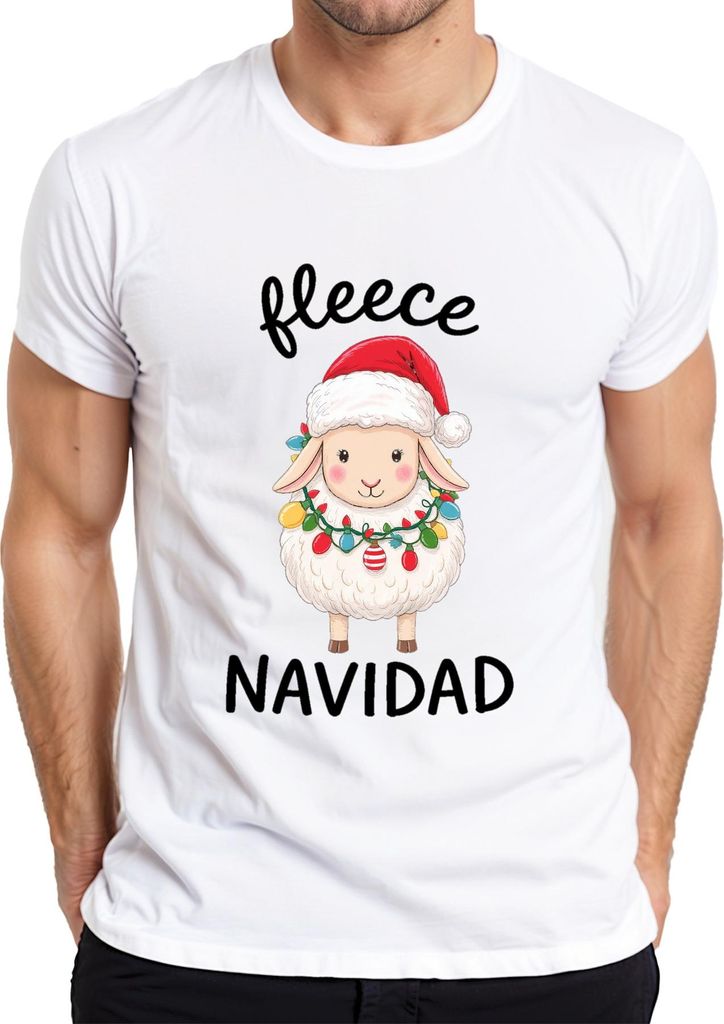 fleece NAVIDAD niedliches Schaf Weihnachten Lichterkette Santa Herren T-Shirt, Weiß, S
