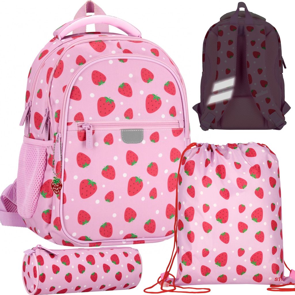 Erdbeere Schulstartpaket für MÄDCHEN: verstärkter Rucksack, runde Federmäppchen, Schuhbeutel - Schul set