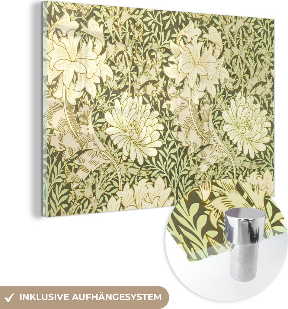 MuchoWow Glasbilder - Bilder auf Wandbild - Foto auf Glas Rosen - Blumen - Grün - William Morris 60x40 cm Wanddekoration aus Glas - Acrylglasbild ...