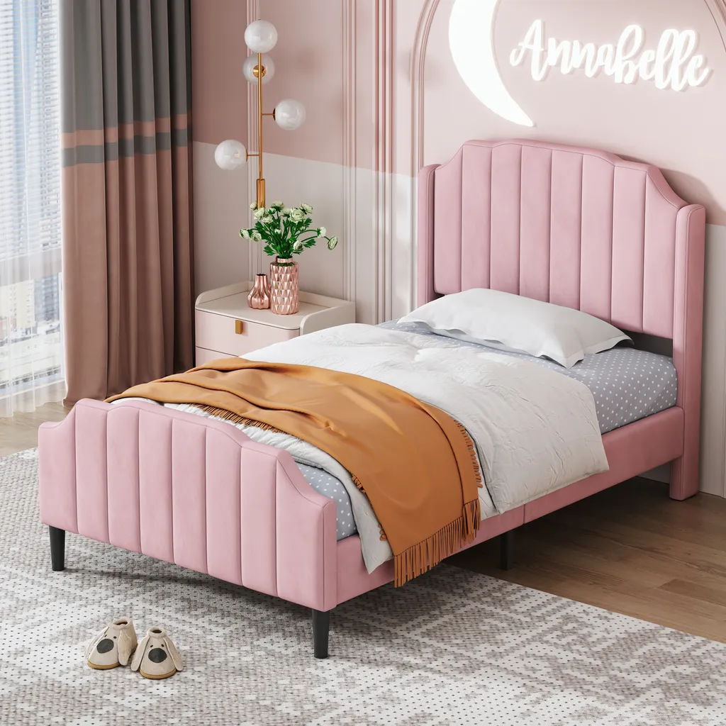 Merax Lit Rembourré 90x200cm Rose avec Sommier à Lattes et Tête de Lit