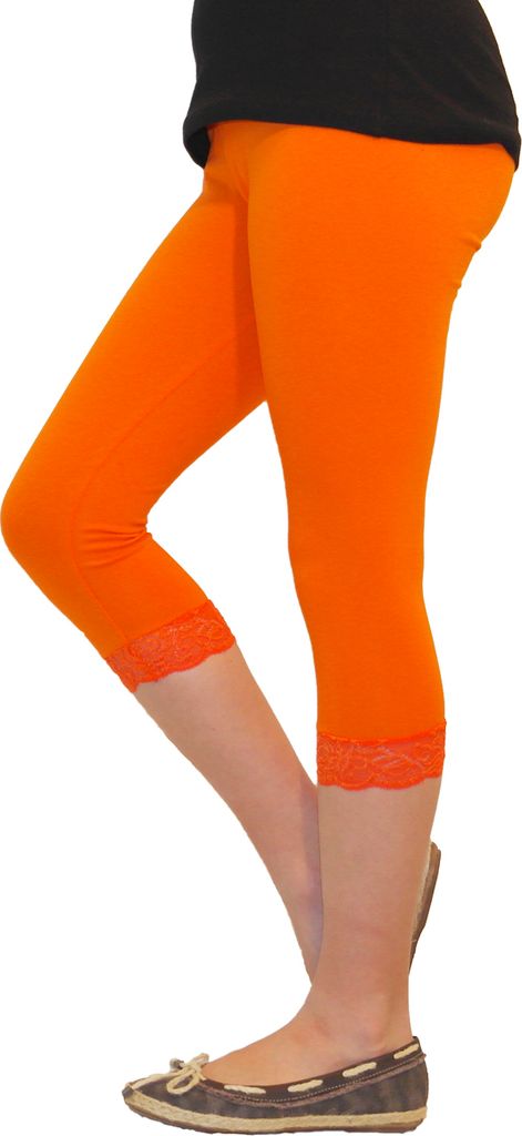 Mädchen Kinder Leggings Leggins Hose Capri 3/4 kurz mit Spitze Baumwolle Orange 128
