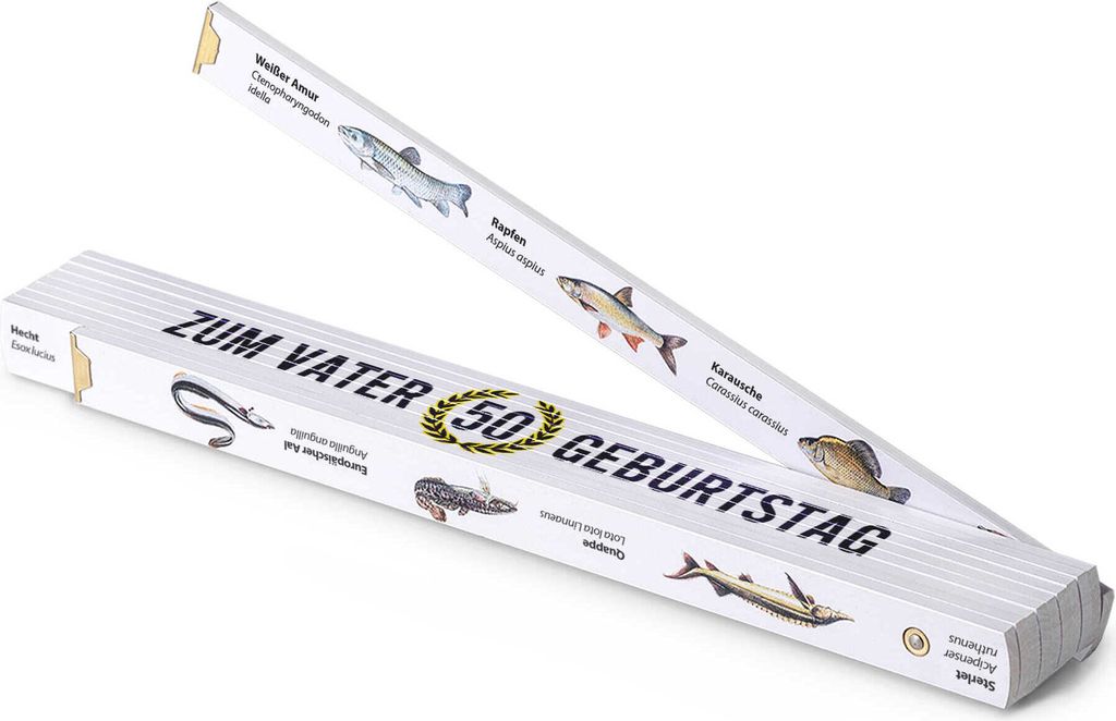 Geschenk für den Vater-Angler: bedruckter 2m Zollstock Petri Heil, inklusive 30 fantastischer Fischfotos