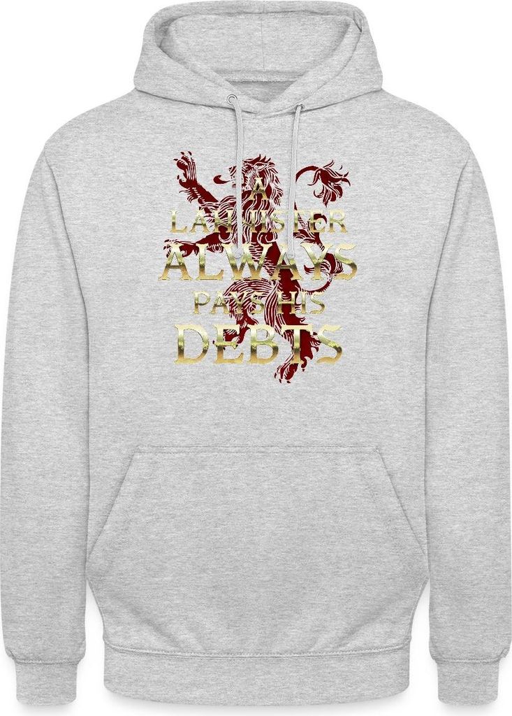 Spreadshirt Game Of Thrones A Lannister Always Pays His Debts Uni Hoodie, L, Hellgrau meliert