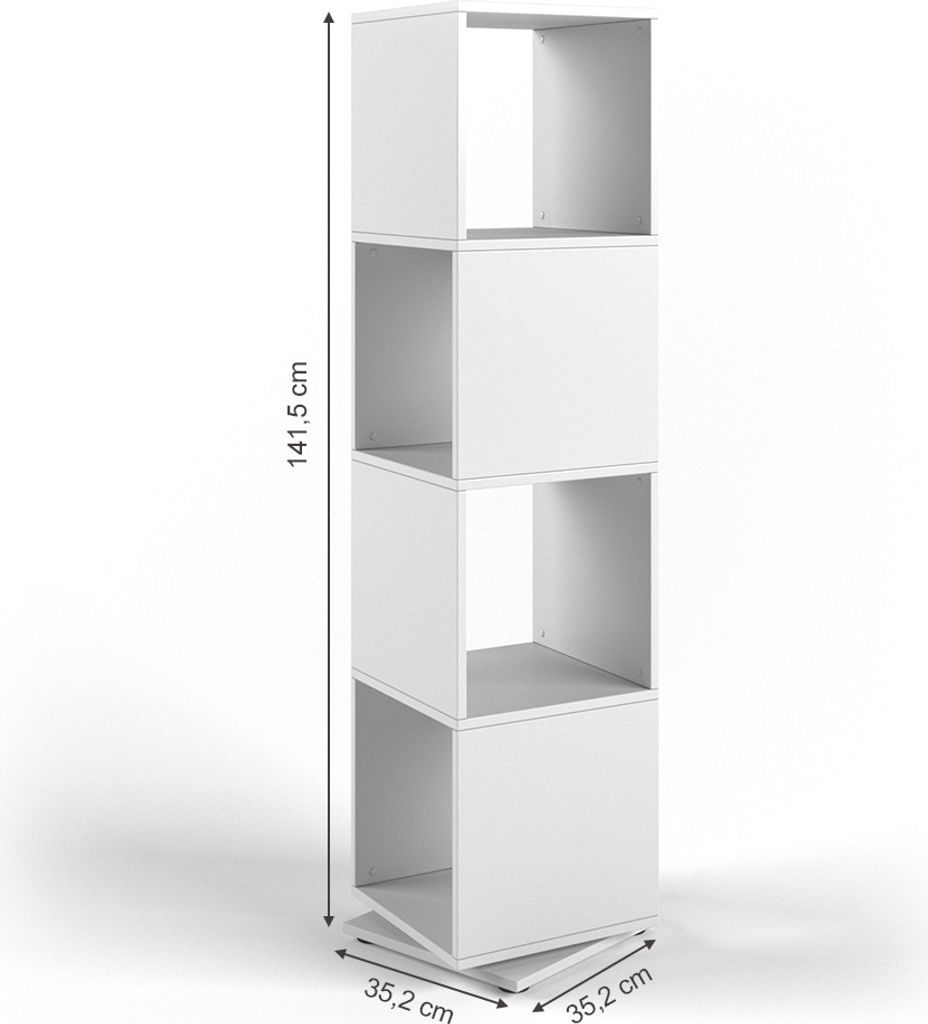 A tall, narrow white shelving unit with four cubic compartments stacked vertically, shown against a plain background with subtle shadows.