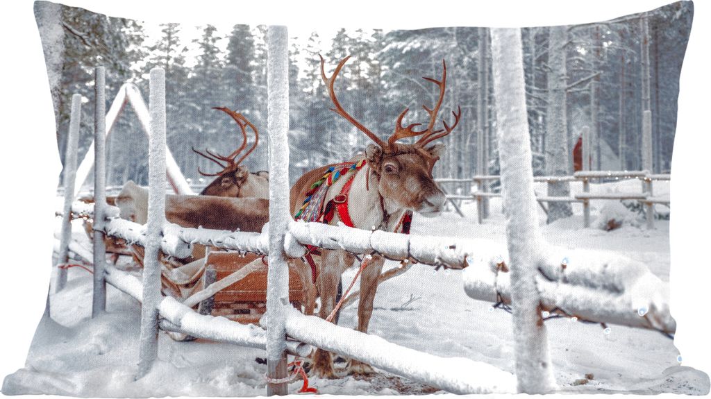 MuchoWow Zierkissen Sofakissen Wohnzimmer Dekokissen 60x40 cm Ein Rentier im Dorf des Weihnachtsmanns in Finnland - Kopfkissen - Polster mit Foto