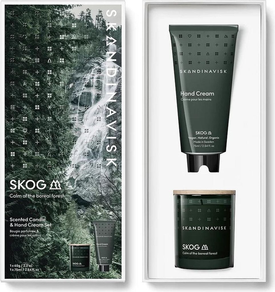 Skandinavisk SKOG Scented Candle & Hand Cream Set – stilvolles Duft‐Geschenkset mit Waldduft 22028