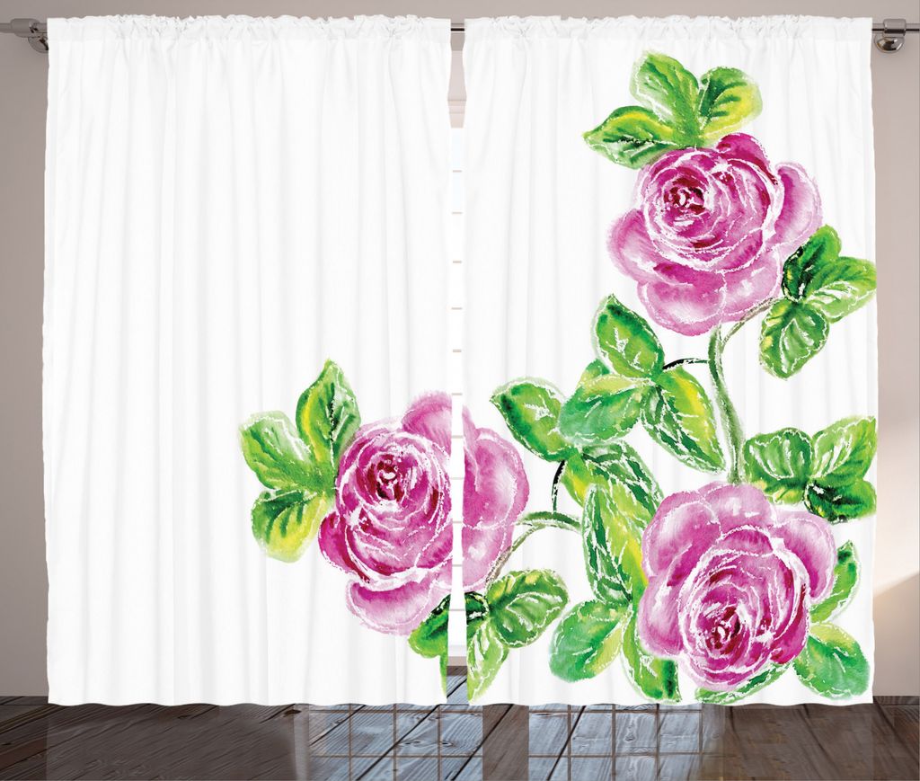 ABAKUHAUS Blumen Rustikaler Vorhang, Rosen Romantik, Wohnzimmer Universalband Gardinen mit Schlaufen und Haken, 280 x 225 cm, Grün Rosa