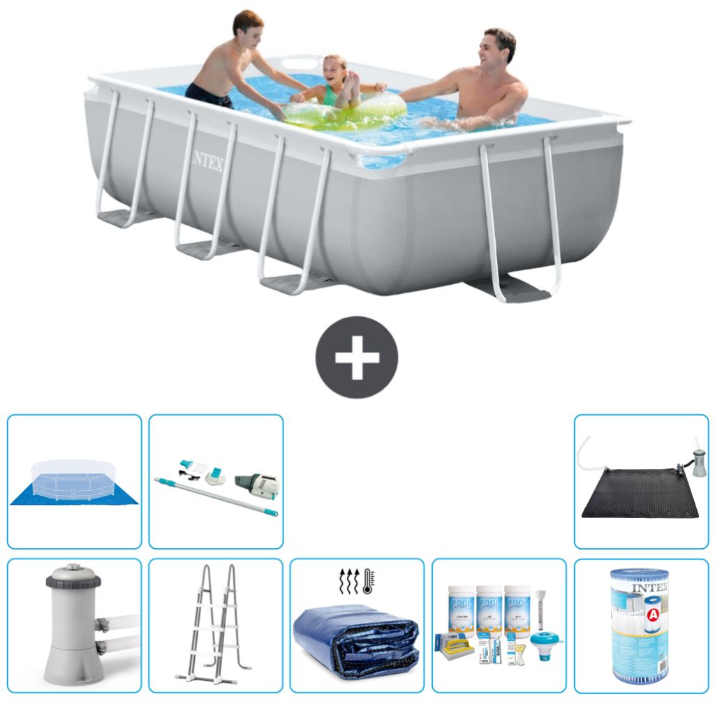 Intex Rechteckiges Prisma-Rahmen-Schwimmbecken – 300 x 175 x 80 cm – Grau – inklusive Pumpe – Leiter Sonnensegel - Wartungspaket - Filter -...