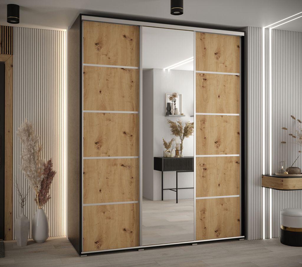 Kleiderschrank ASIRI 5 - 200/45 cm, Schwarz / Artisan-Eiche / Silber