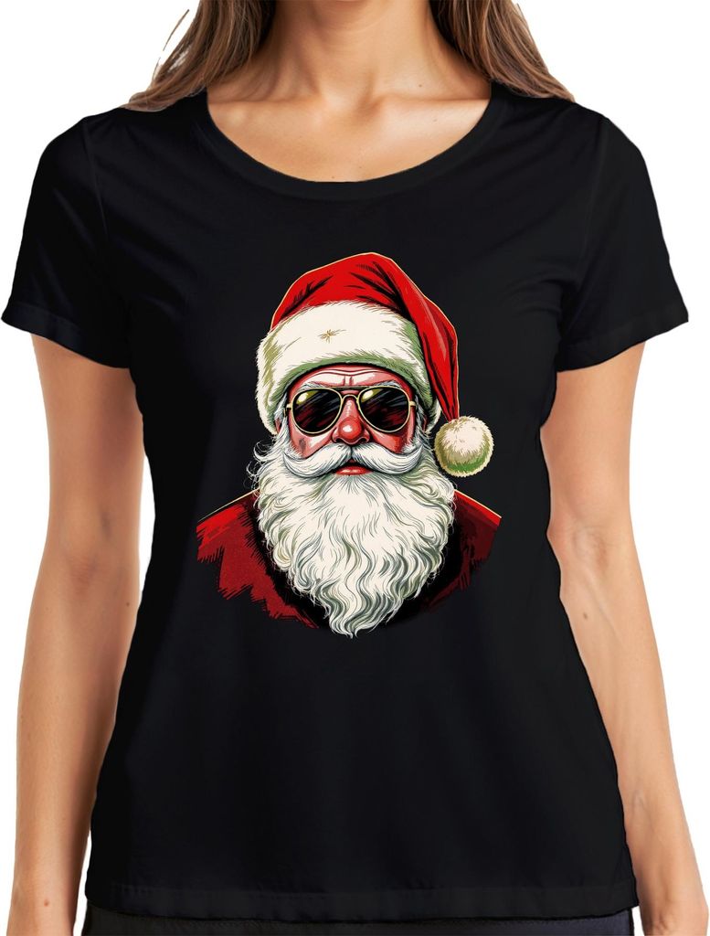 Weihnachtsmann Sonnenbrille Cool Hipster Retro Vintage Santa Mütz Damen T-Shirt, Schwarz, 3XL